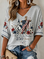Women'S 250Th Anniversary Flag Cross Commemorative Print V-Neck