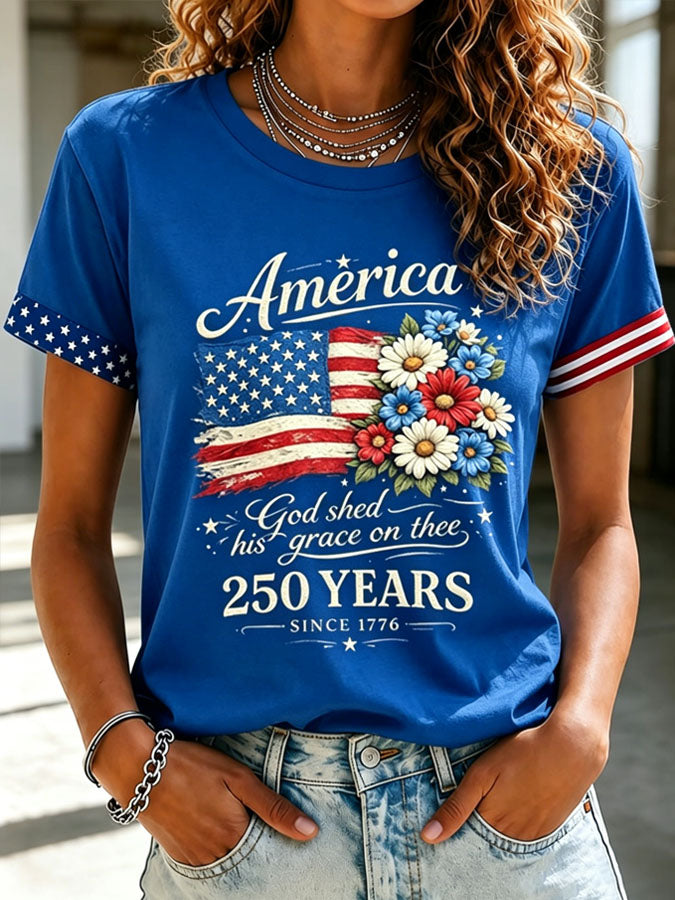 Women's Floral American Flag Printed Casual T-shirt
