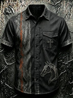 Men'S Western-Style Retro Color-Blocked Horse-Themed Short-Sleeved Shirt