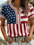 Women'S America Flag Printed Casual Cotton Linen Short Sleeved Shirt