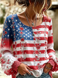 Women's Vintage American Flag Floral Art Cotton-Linen Shirt