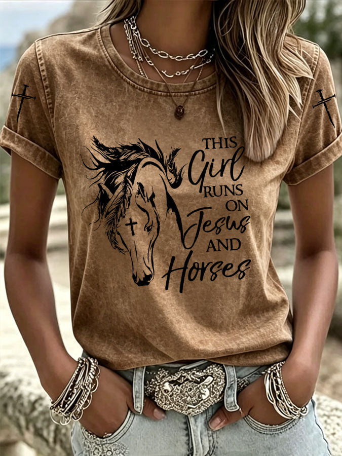 Women's This Girl Runs On Jesus And Horses Printed Casual T-Shirt