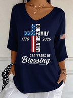 Women's God Family Country Flag Cross V Neck 3/4 Sleeve Casual Tee