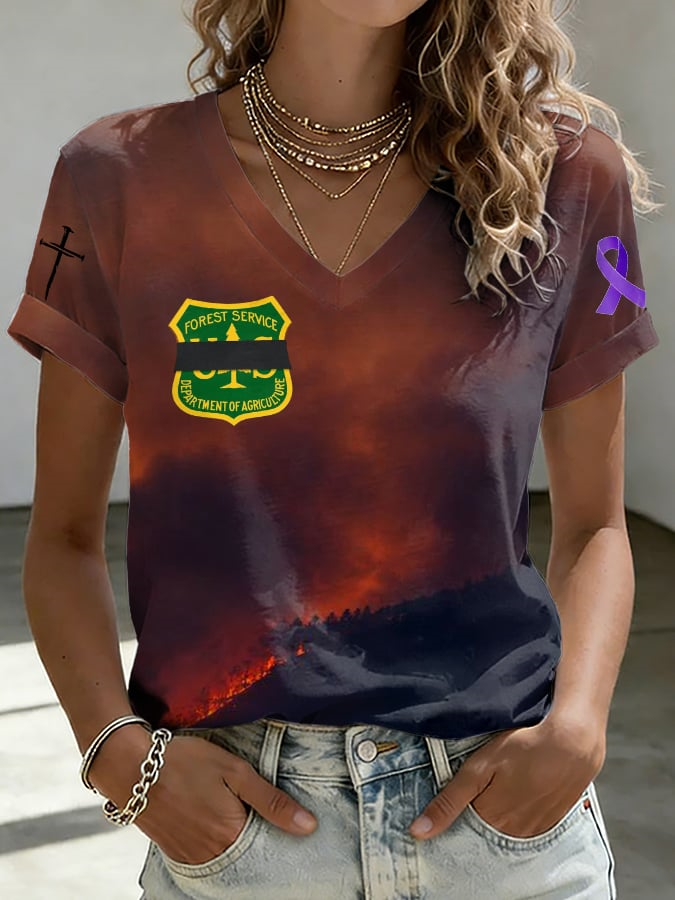 V-Neck Retro Utah Colorado Wildfires Praying For The Firefighters Purple Ribbon Print T-Shirt