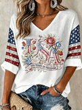 Women's American Flag Printed Casual Waffle Long Sleeve T-shirt