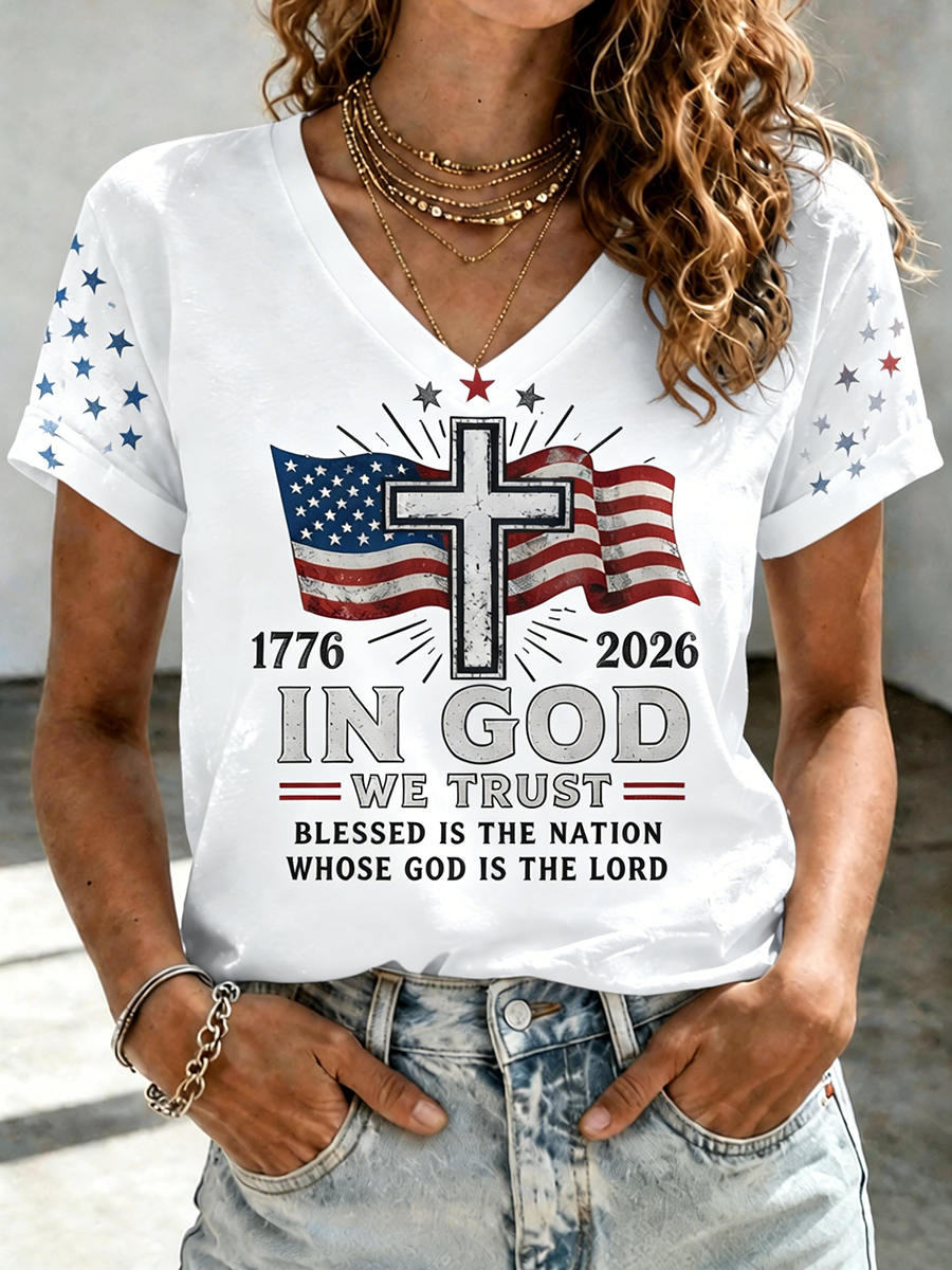 Women's In God We Trust 1776 2026 American Flag Cross Vintage Short Sleeve V Neck Tee