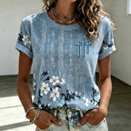 Women'S Casual Floral Print Cross Round Neck Short Sleeved T-Shirt