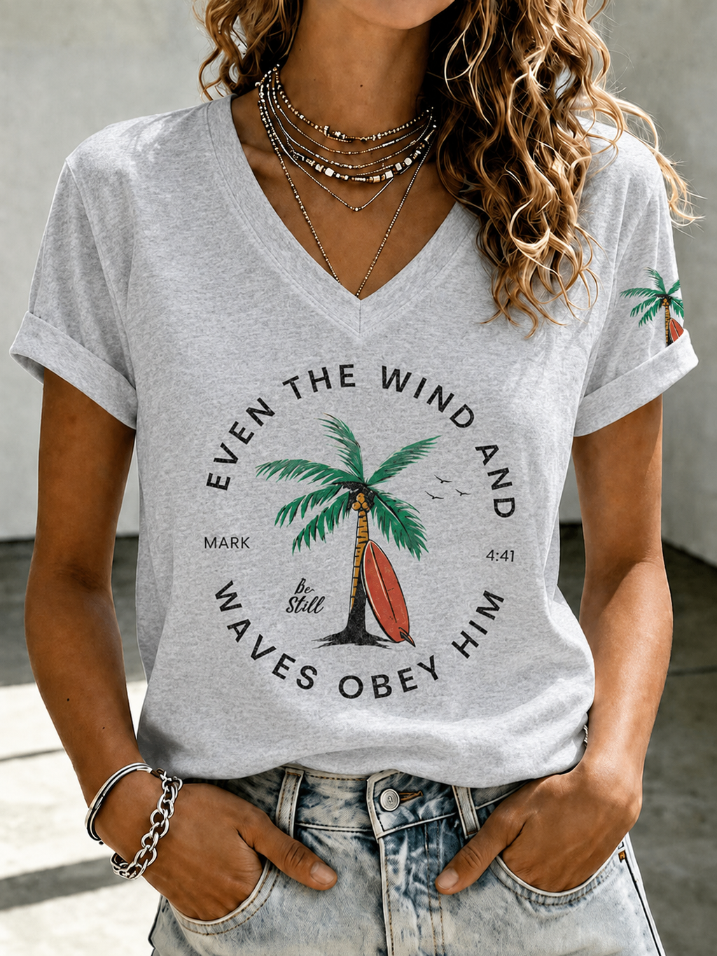 Women'S “Even The Wind And Waves Obey Him” Print V-Neck T-Shirt