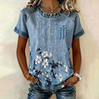 Women'S Casual Denim Patchwork Design With Floral Print Round Neck Short Sleeved T-Shirt