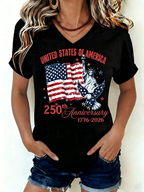 Women's 1776-2026 Statue of Liberty Anniversary Eagle Print V-neck T-shirt
