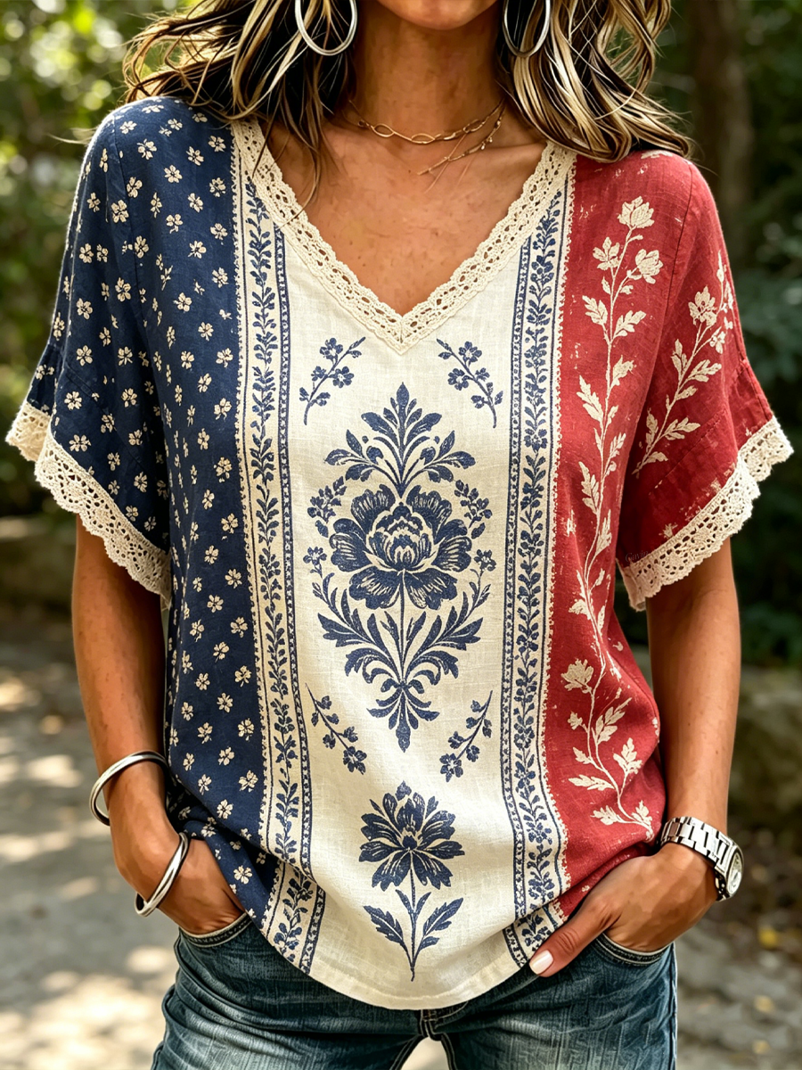 Women'S Casual Patriotic Retro Floral Print V-Neck Pleated Sleeve T-Shirt