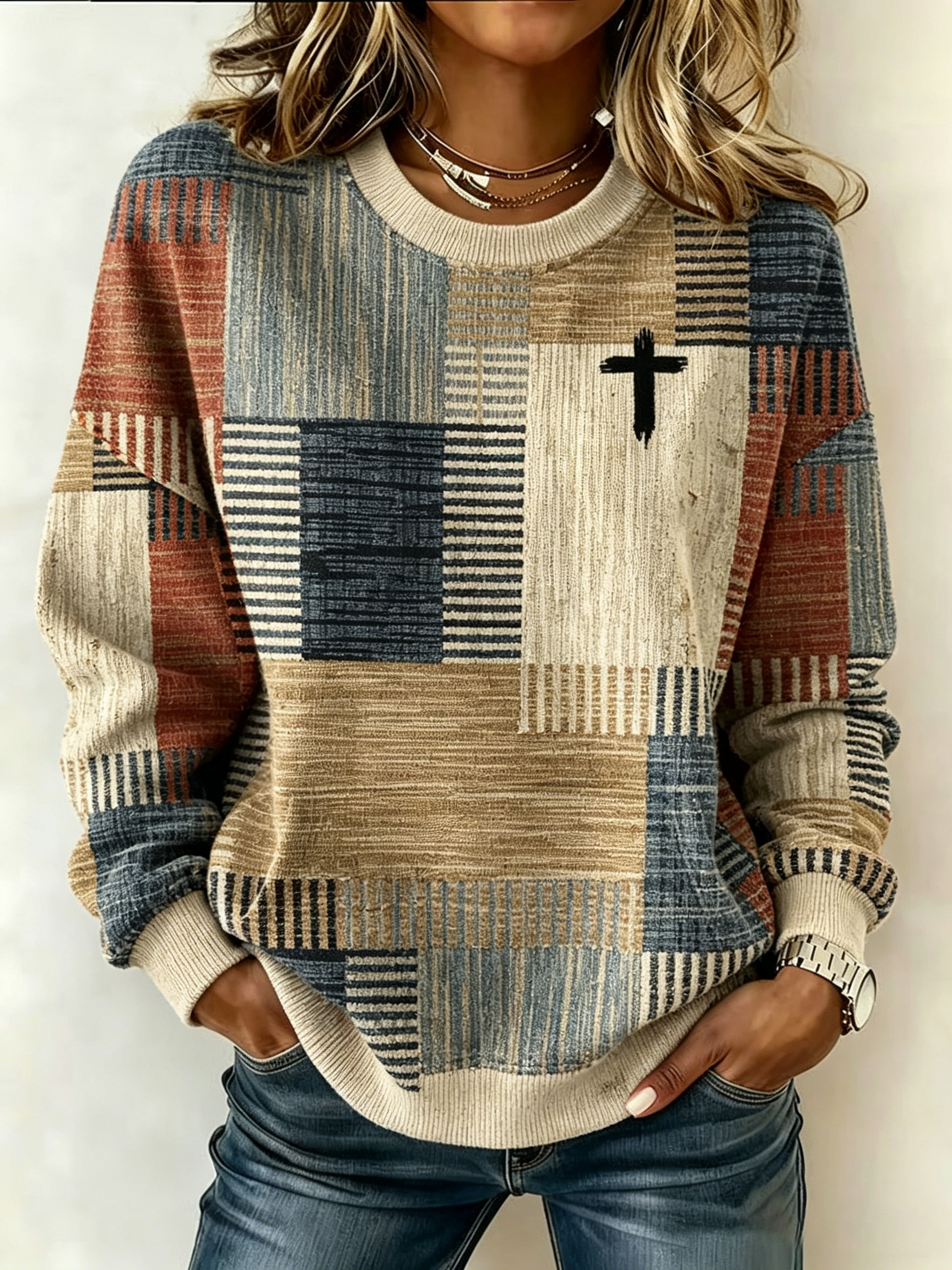 Ladies' Casual Faith Floral Print Round Neck Long Sleeved Knitted Sweatshirt
