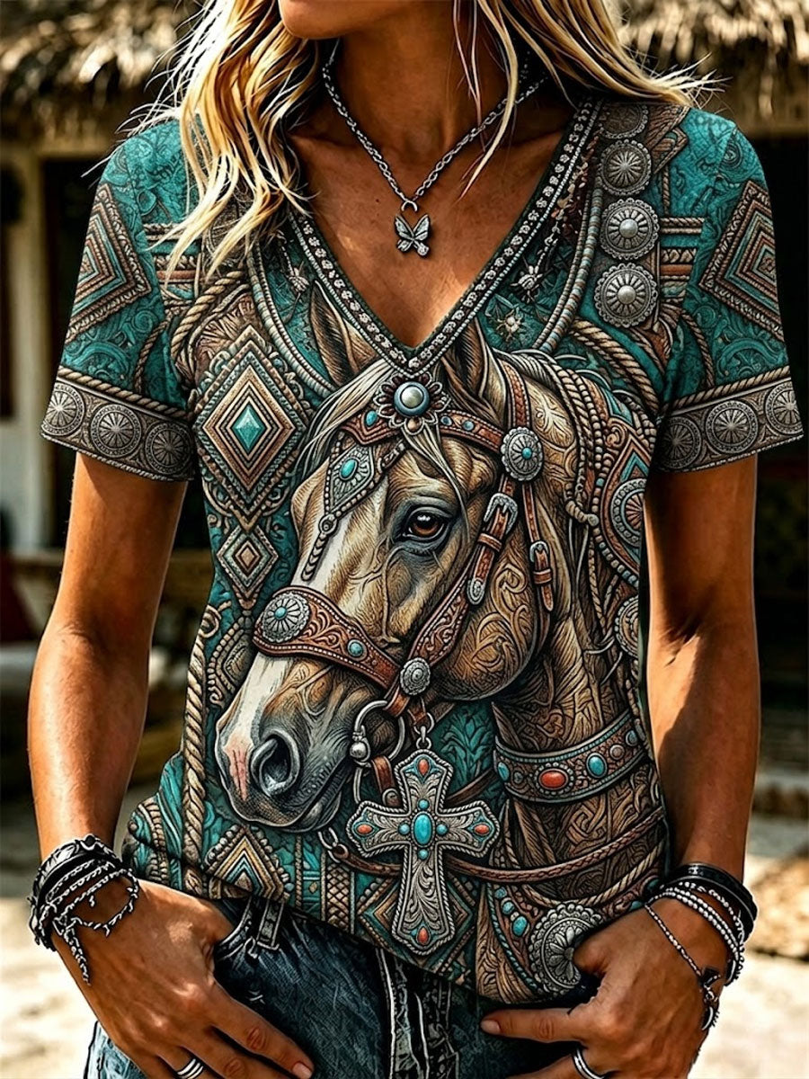 Women'S Retro Western Style Turquoise Horse And Faith Print Linen Short-Sleeve T-Shirt