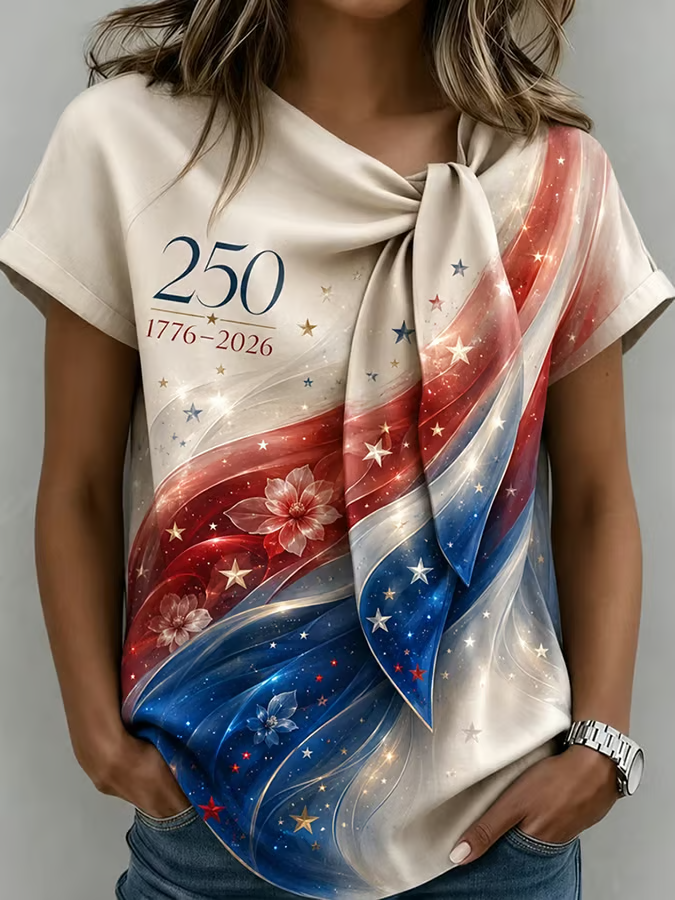 Women'S 250th Anniversary American Art Print Tie-Neck Short-Sleeve Top