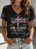 Women's In God We Trust 1776 2026 American Flag Cross Vintage Short Sleeve V Neck Tee