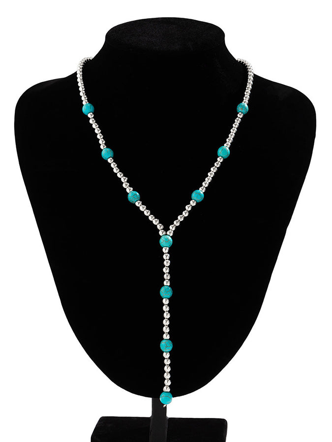 Turquoise Beaded Long Tassel Necklace
