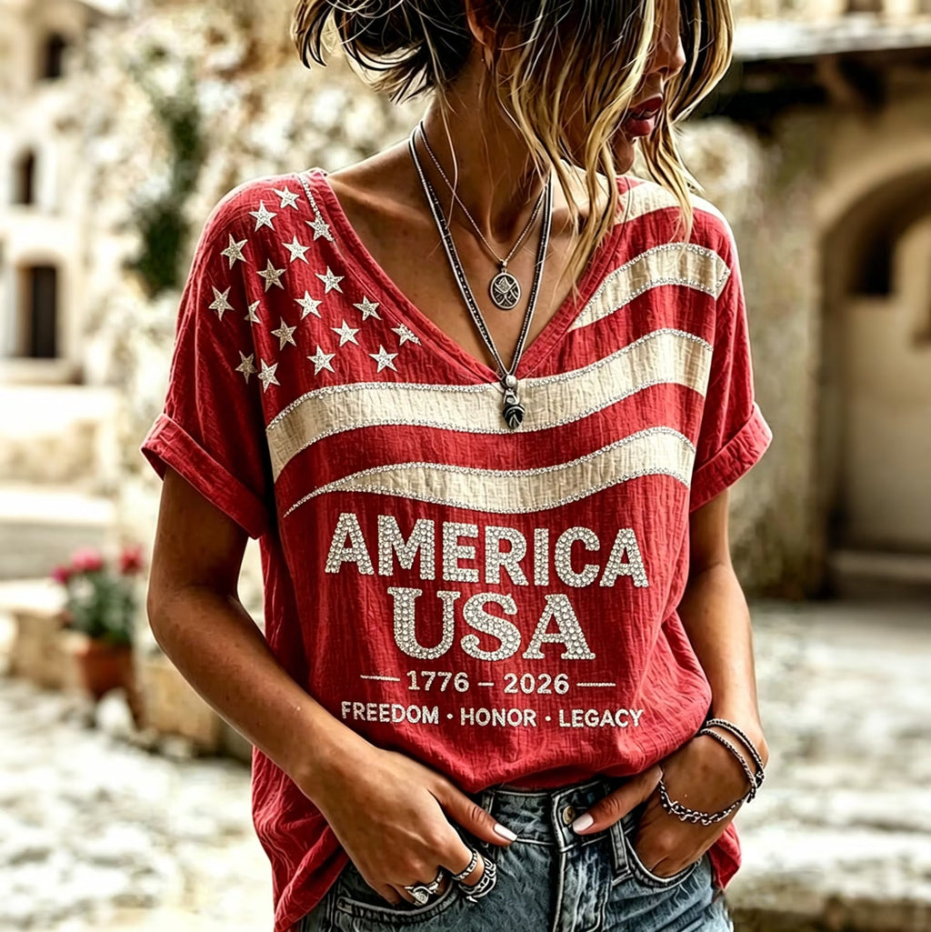 Women's Independence Day Flag Art Cotton Linen Short Sleeve Top