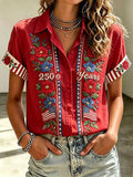 Women'S Casual American Flag 250Th Anniversary Celebration Floral Embroidery Printed Lapel Shirt