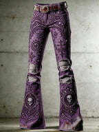 Women's Rock-Style Color-Block Flare Pants with Skull, Wings, and Playing Card Print