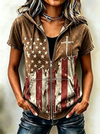 Women'S Casual Flag Faith Summer Short Sleeved Hooded Top