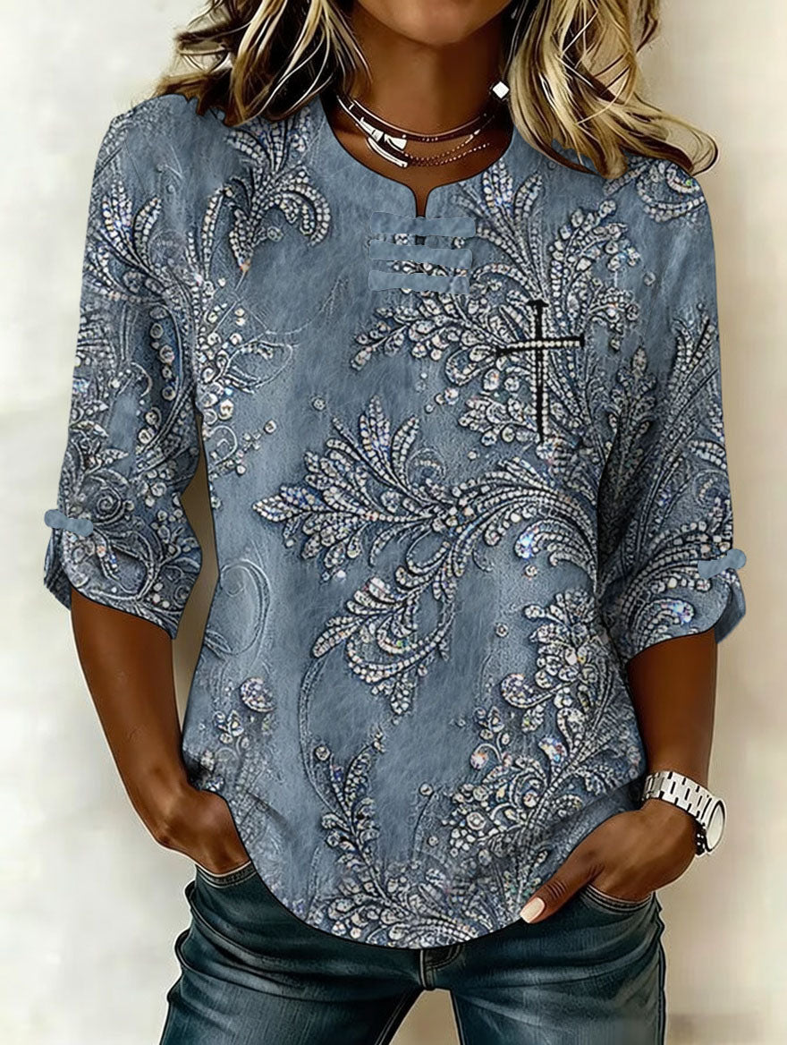 Women'S Retro Faith Flower Art Cotton And Hemp Printing Design Casual T-Shirt