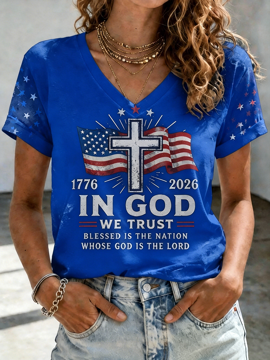 Women's In God We Trust 1776 2026 American Flag Cross Vintage Short Sleeve V Neck Tee