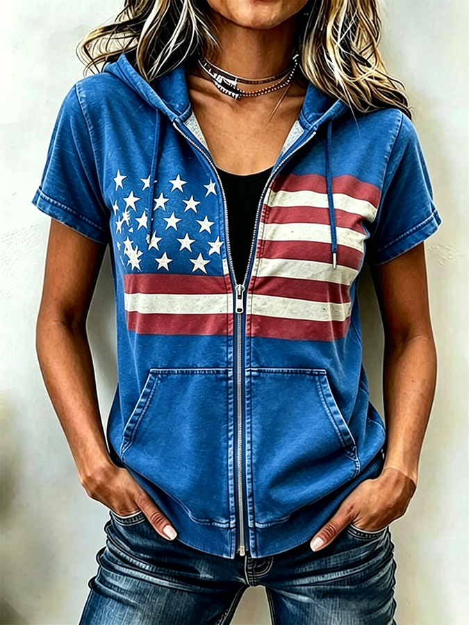 Women'S Casual Flag Summer Short Sleeved Hooded Top