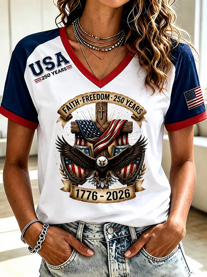 Women'S America Flag Cross Print Casual V-Neck T-Shirt
