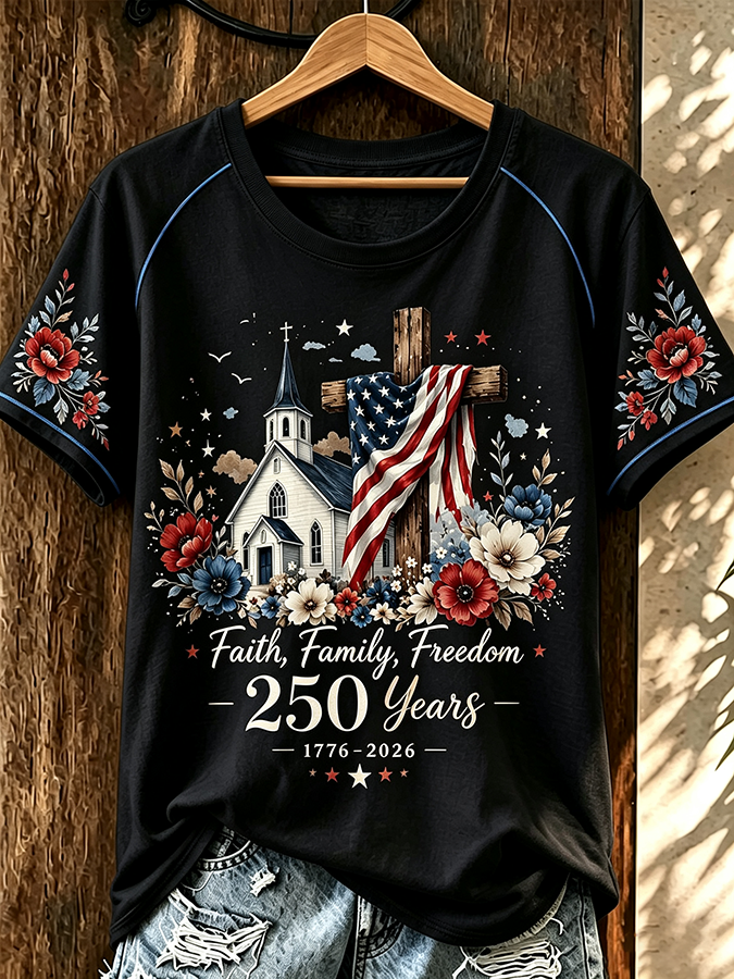 Women'S 250Th Anniversary American Flag Star Casual Round Neck T-Shirt