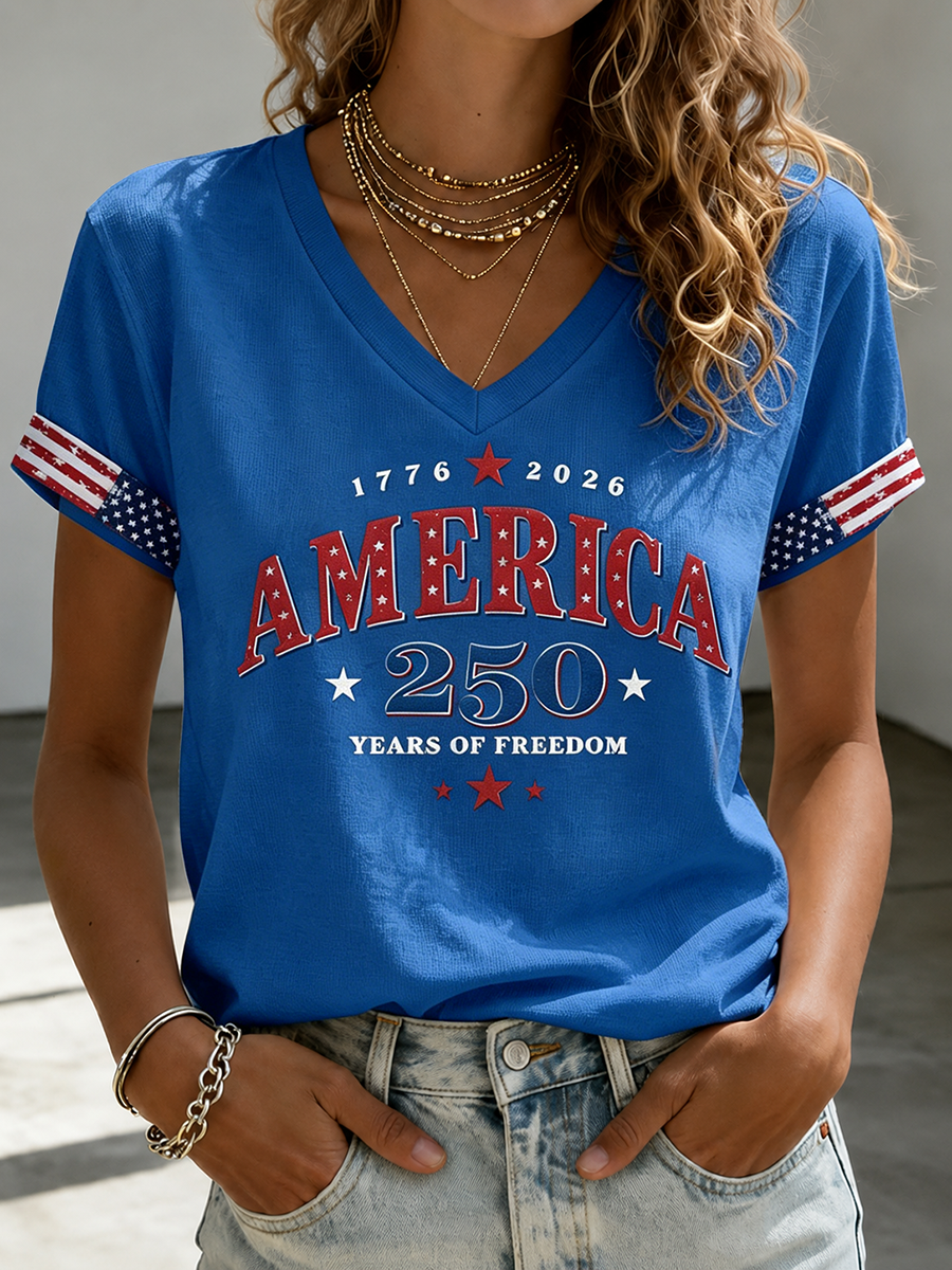 Women's Casual American 250 Celebration Printed V-Neck T-Shirt