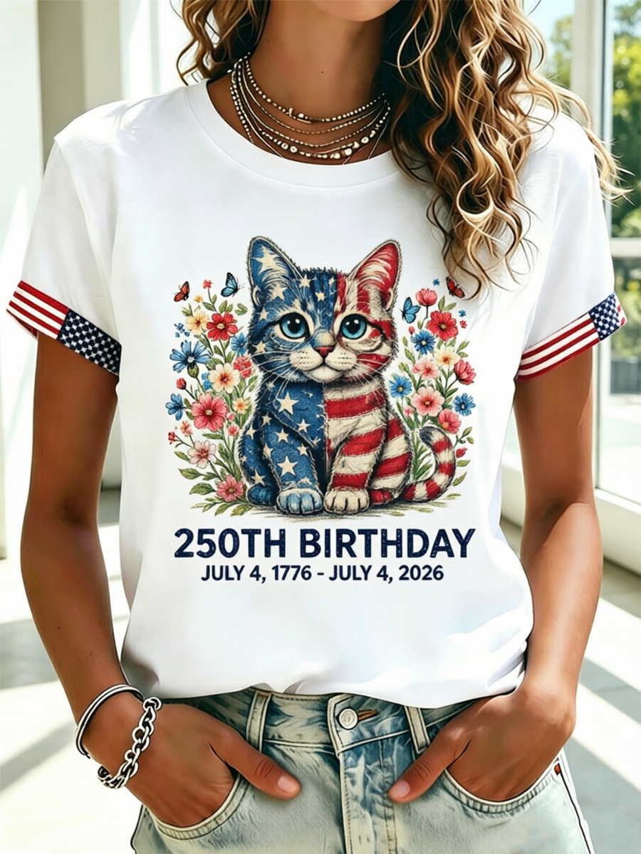 Women'S Independence Day Flower And Animal Flag Short Sleeve T-Shirt