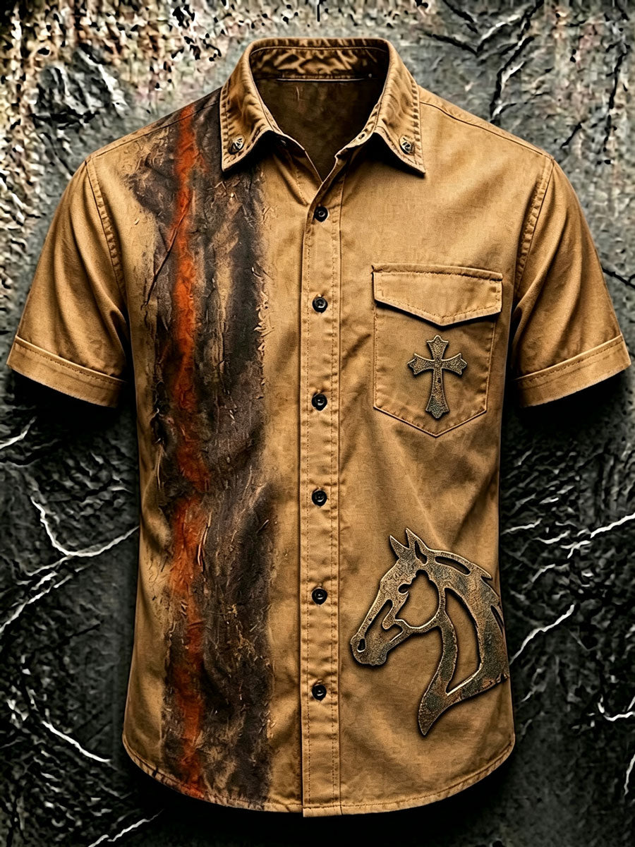 Men'S Western-Style Retro Color-Blocked Horse-Themed Short-Sleeved Shirt