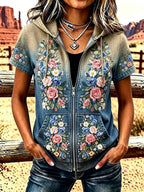 Ladies' Western Style Floral Zipper Hooded Top