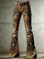 Women's Rock-Style Color-Block Flare Pants with Skull, Wings, and Playing Card Print