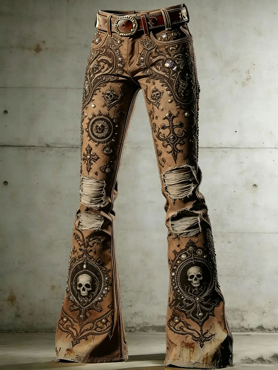 Women's Rock-Style Color-Block Flare Pants with Skull, Wings, and Playing Card Print