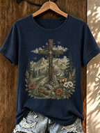 Mountain Deer Floral Cross Vintage Print Crew Neck Casual Short Sleeve T-Shirt