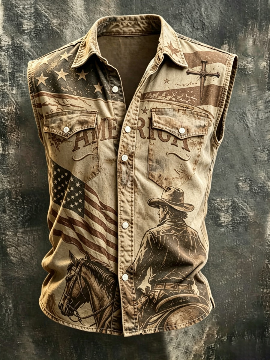Men's Vintage Western-Print Linen Vest